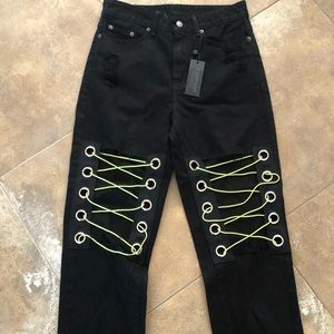 LF black denim jeans with neon strings